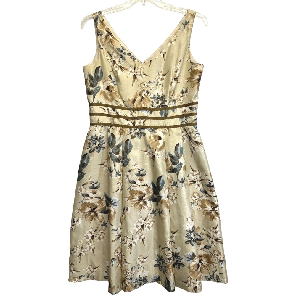 Scarlett Floral V-Neck A-Line Midi Dress Gold Brown Size 12 Sleeveless Ribbon